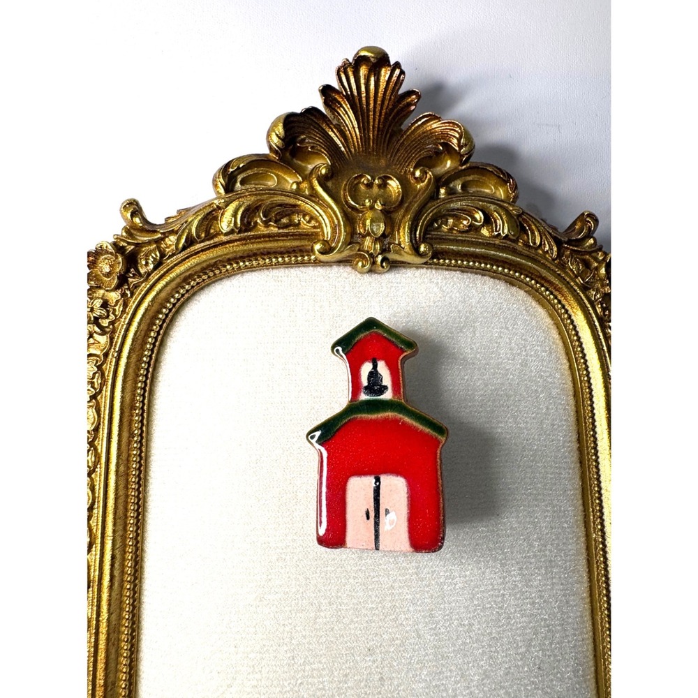Vintage Ceramic Red Schoolhouse Brooch Teacher Bell Tower Pin Hand Painted Small